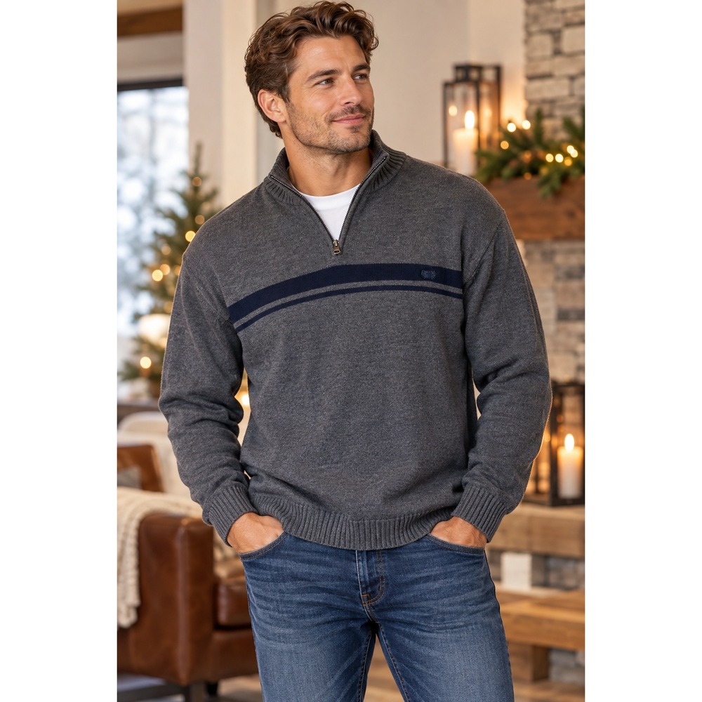 Chaps Quarter Zip Sweater Mens XL Gray Navy Stripe Mock Neck Pullover Preppy
